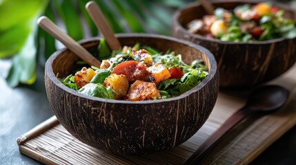 A creative shot of coconut shells being used as bowls for a tropical salad, showcasing innovative and eco-friendly food presentation.