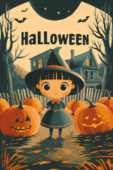 Affiche retro d'une petite fille adorable déguisée en sorcière pour Halloween