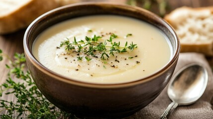 A cup of creamy soup with a spoon resting on the side, beautifully garnished with herbs, highlighting comfort food and culinary artistry.