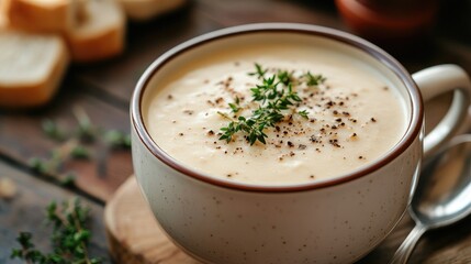 A cup of creamy soup with a spoon resting on the side, beautifully garnished with herbs, highlighting comfort food and culinary artistry.