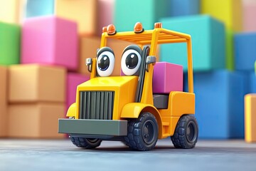 Yellow Toy Forklift with Big Eyes Carrying a Pink Box