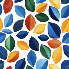 A vibrant pattern of colorful leaves in various shapes and sizes on a white background, showcasing creative design and natural elements.