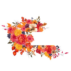 Watercolor autumn frame with hand draw fall bouquet, flowers, leaves, branches, berry, isolated on transparent background. For wedding invitation, cards, posters. 