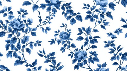 A beautiful floral pattern featuring blue leaves and flowers on a white background, embodying elegance and classic design.