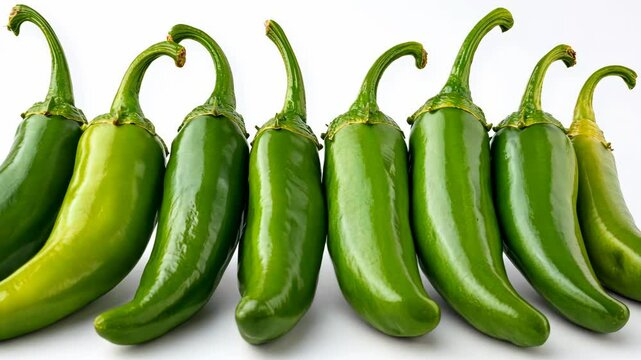 Eight green jalape&ntilde;o peppers are arranged in a row on a white surface