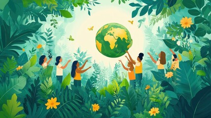 Diverse Group of People Holding the Earth Illustration