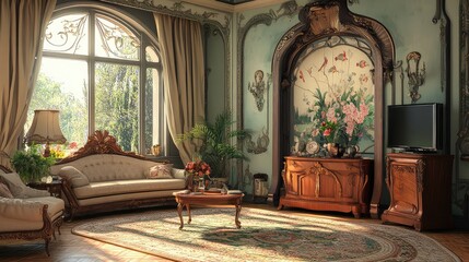 Obraz premium Living room with intricate floral motifs, curved lines, and elegant furniture.