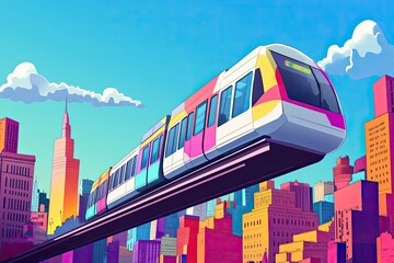 Colorful Monorail Train Soaring Over Cityscape