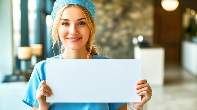 Smiling medical student holding blank whiteboard in hospital