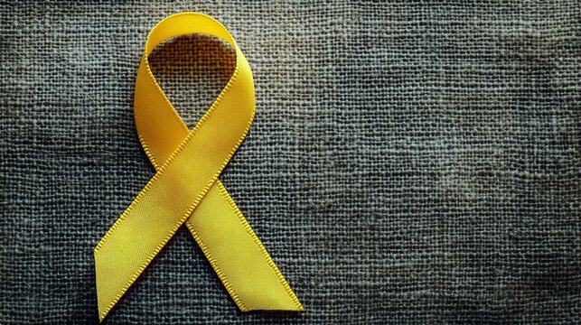 Yellow ribbon on textile background with copy space for endometriosis awareness month or sign for microencephaly and suicide prevention 