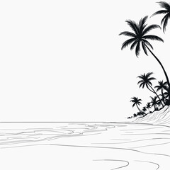 Minimalist Tropical Beach Landscape in Black and White Line Art