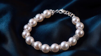 Obraz premium A delicate pearl bracelet elegantly displayed on a dark, silky fabric, showcasing its lustrous pearls and intricate design.