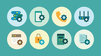 Minimalist gear and setting flat color icon set with various digital and analogue devices