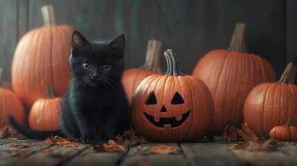 Create an adorable 'Welcome Halloween' sign with a cute black cat sitting beside a smiling jack-o'-lantern, surrounded by playful pumpkins in a whimsical style