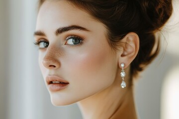 Elegant woman with subtle makeup and pearl earrings