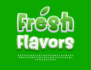 Fototapeta premium Vector creative label Fresh Flavors. White and Green Bright Font. Artistic Alphabet Letters and Numbers set. 