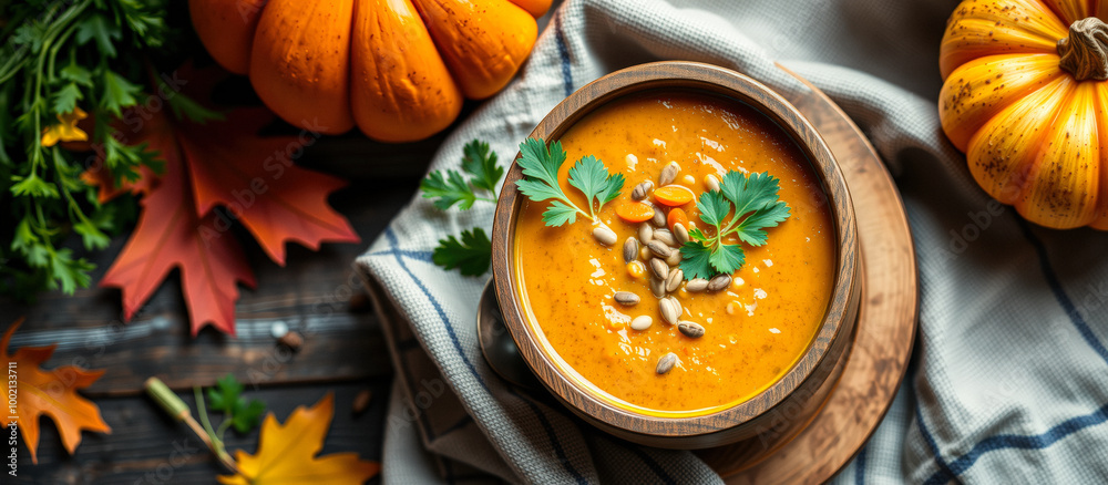 Wall mural Creamy Pumpkin Soup with Seeds and Parsley