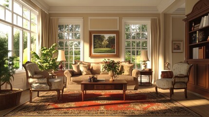 Classic American colonial-style living room with traditional furniture, warm tones, and vintage decor.