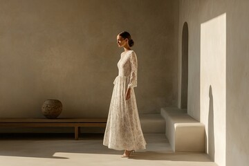 Elegant woman in white lace dress in minimalist setting