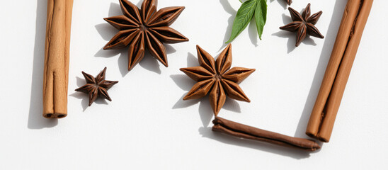 Cinnamon sticks and star anise on white background