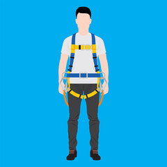 Man of worker with full body harness. Vector illustration of safety rules for wear personal protective equipment of work at height.