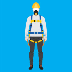 Industrial or construction worker with hardhat, goggles, gas mask, shoes, and body harness. Personal protective equipment mandatory wear sample and model. Vector illustration.