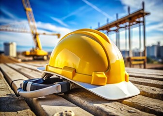Bright Yellow and White Safety Helmet on Construction Site with Tools and Equipment in Background