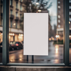 Poster promotion design mockup. Vertical empty white blank paper advertising logo banner frame template mock up displayed on window glass