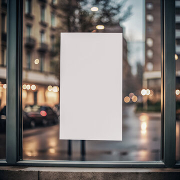 Poster promotion design mockup. Vertical empty white blank paper advertising logo banner frame template mock up displayed on window glass