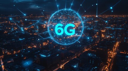 Cityscape with digital 6G network symbol