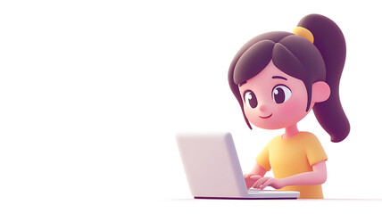 3D IT girl character working on laptop with tech details floating
