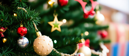 Closeup of Christmas Ornaments on a Decorated Christmas Tree