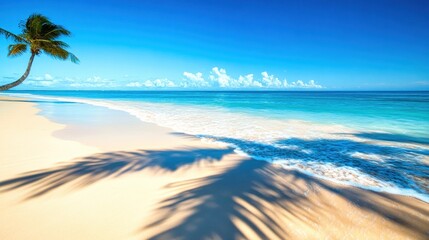 Palm tree casting shadow on tropical beach with turquoise water