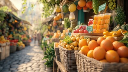 Vibrant Marketplace with Fresh Produce and Fruits