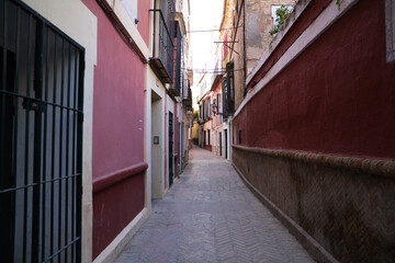 a narrow and picturesque street in the district of santa cruz, in the city centre of Seville, andalusia, Spain. Travel and tourism concept.