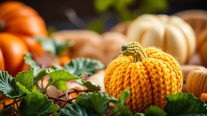 Knitted Pumpkin with Autumn Leaves