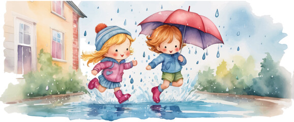 Kids in kindergarten play with their favorite rain playing garden, children drawings. watercolor banner. Funny cartoon characters. Vector illustration. Isolated on white background