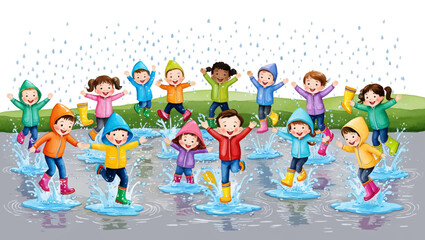 Fototapeta premium Kids in kindergarten play with their favorite rain playing garden, children drawings. watercolor banner. Funny cartoon characters. Vector illustration. Isolated on white background