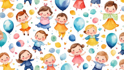 Fototapeta premium Cute children's fabric seamless pattern, flowers and leaf, stars, speech bubble, line. Hand drawn funny simple vector illustration. white background. Watercolor style for wallpaper,