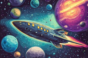 A spaceship flying through a starry field with planets