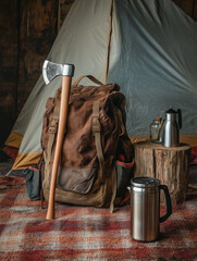 A camping backpack with an axe and mug thermos on the ground set against a backdrop of a vintage tent. photography with elements of painting