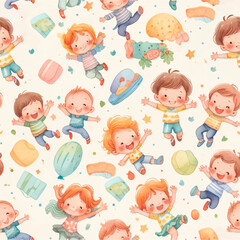 Fototapeta premium Cute children's fabric seamless pattern, flowers and leaf, stars, speech bubble, line. Hand drawn funny simple vector illustration. white background. Watercolor style for wallpaper,