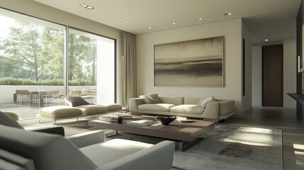 Fototapeta premium Elegant contemporary living room with sleek furniture, modern art, and a neutral, sophisticated color palette.