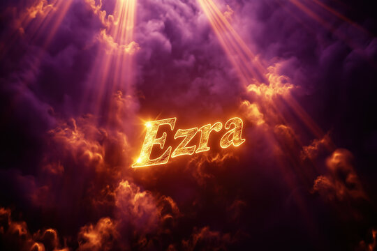 Glowing golden title Ezra with sun rays in clouds