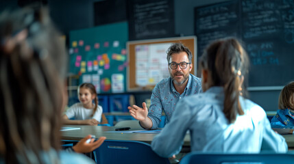 Fototapeta premium Middle-Aged Teacher Explaining Science Topics in a Classroom Setting