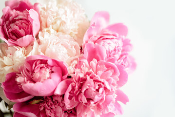 Pastel peony flowers in bloom floral spring art festive background, wedding decor and luxury branding design. pastel and soft floral card. pretty and romantic flowers in floral shop.