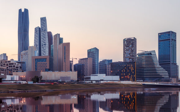 Famous landmarks and tourist places in Riyadh, King Abdullah Financial Center, financial and economic towers illuminated at night in the city of Riyadh, architectural art of towers and skyscrapers in 