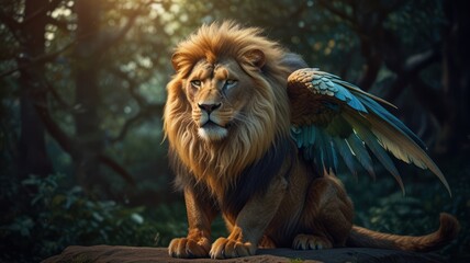 A majestic lion with blue feathered wings sits on a rock in a lush green forest, looking powerful and majestic.