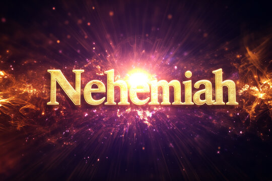 Glowing golden title of Nehemiah enhanced with radiant light bea