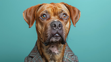 Obraz premium Race Mastiff Dog Dressed as a Professional Businessman Looking at Camera on Light Blue Background